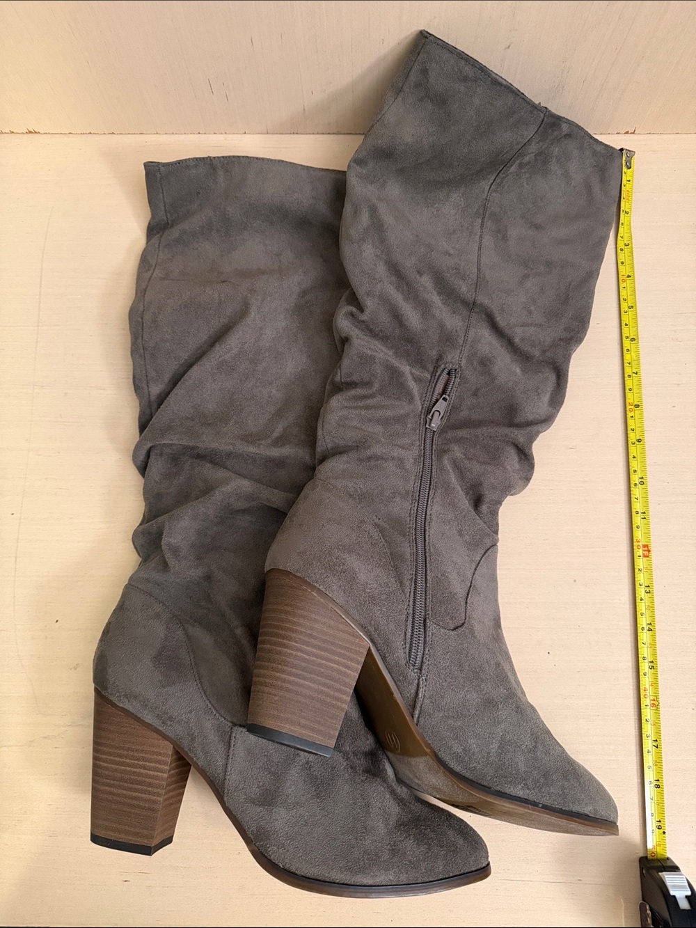 W11 Merona Gray/Taupe Suede Slouchy Full-Calf Block Heel Boots